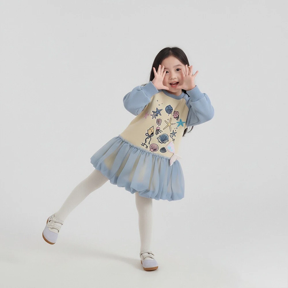 2-8T Girls Sweatshirt Dress Spring Ocean Life Mermaid Tail Tulle Ruffle Hem Long Sleeve Dresses for Kids Casual Party Dress