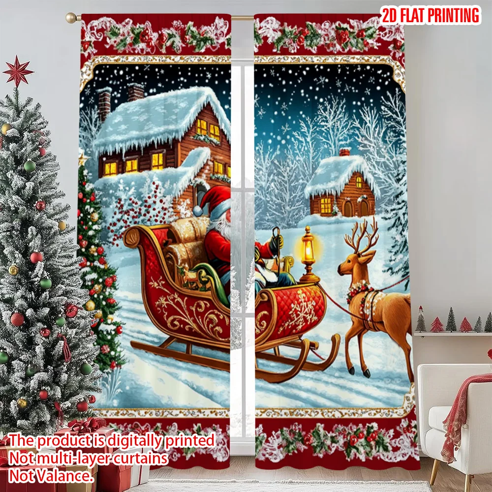 

2pcs 2D flat printing Merry Christmas Curtain Country style Santa Claus and reindeer sleigh Versatile Polyester Fabric Without