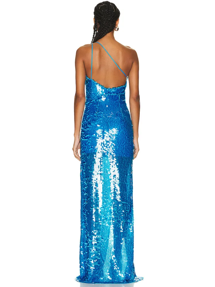 Vestido largo de lentejuelas de un hombro para mujer, traje de lujo Sexy, malla recortada, azul, Maxi, elegante, celebridad, fiesta nocturna, Club