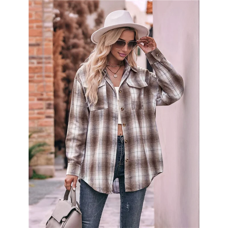 ABP-Camisa con botones a cuadros de franela para mujer, chaqueta de manga corta de gran tamaño, Top