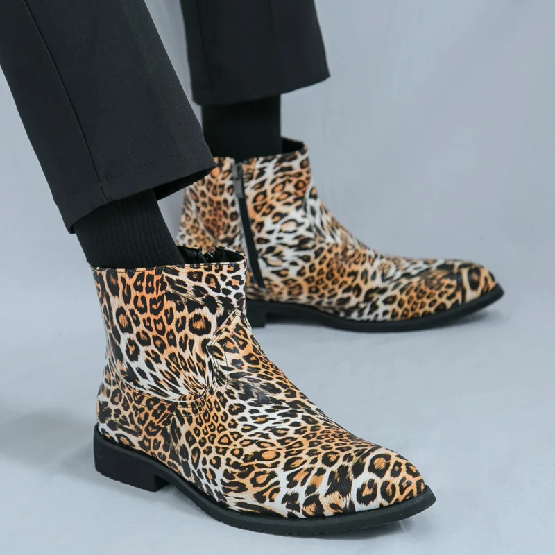 2025 Autumn Leopard Ankle Boots For Man Big Size 46 Pointed Man Dress Shoes Business Casual Men's Leather Boot botas para hombre
