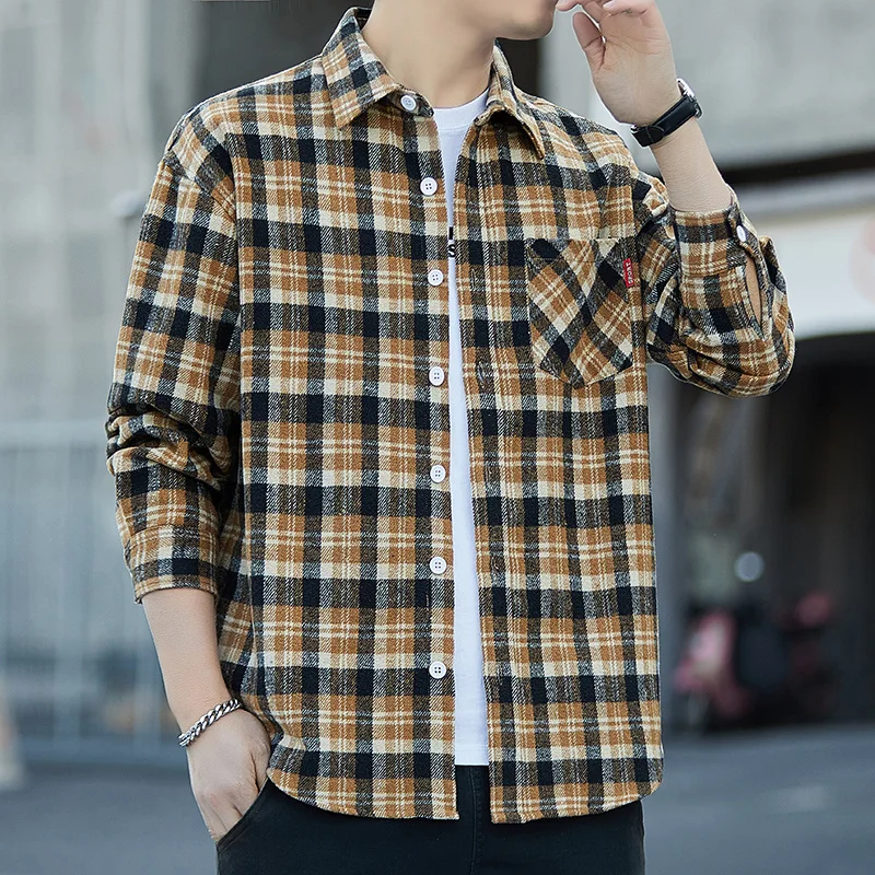 [L-9XL] Cotton Hong Kong style shirt, men's autumn American all-match senior loose vintage plaid shirt with long sleeves2024