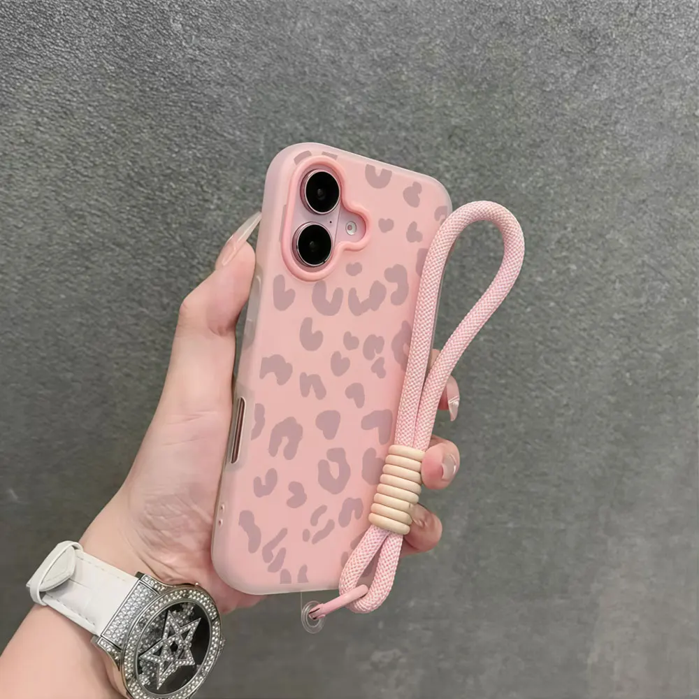 Dusty Pink Leopard Y2K Phone Case For Xiaomi 17 Pro Max 15T Pro Mi11 Lite 5G 14T Pro Wrist Strap Soft Shockproof Lanyard Cover view 3