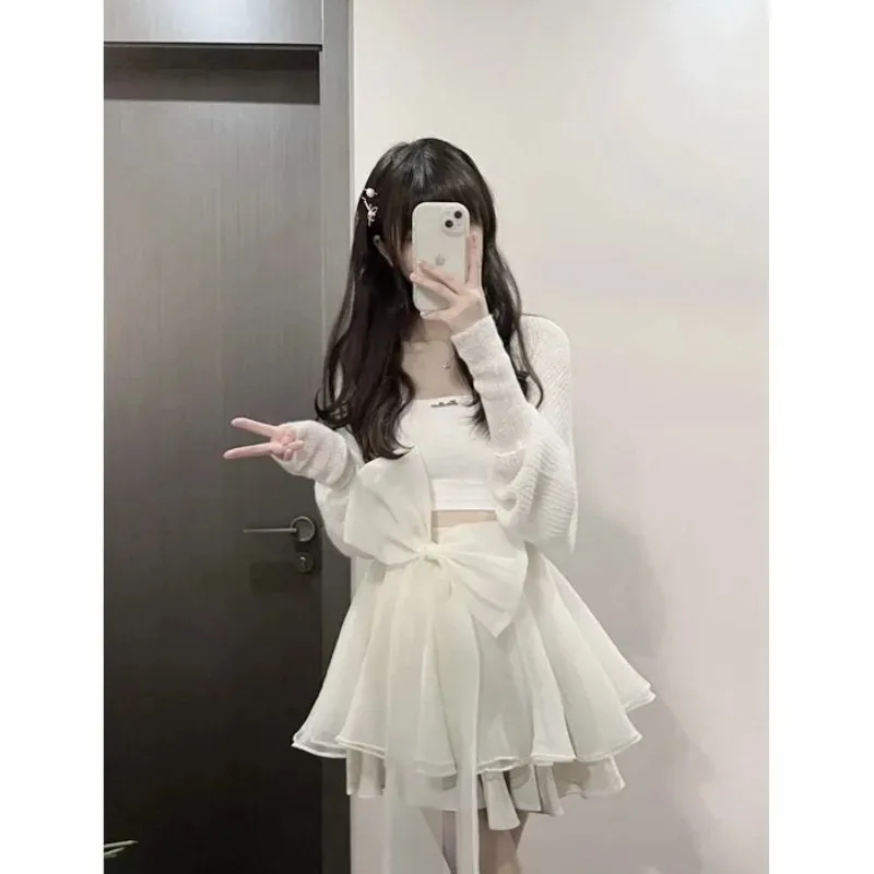 Sweet Cardigan Sling Puffy Skirt Three Piece Set Women Korean Bow Splice Sequined Fashion Mesh Spicy Solid Slim Summer Chic Suit