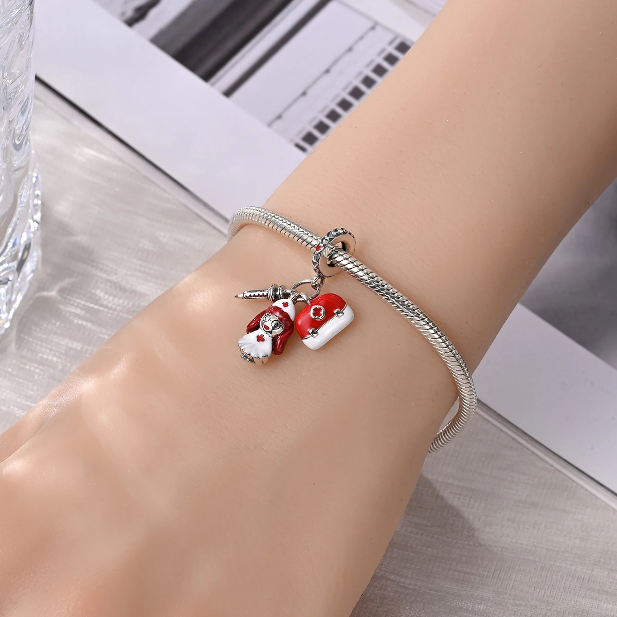 925 Sterling Silver Redhead Nurse 3-Piece Set Beads Charms fit Bracelets and Necklaces Dangle Pendants Fine Jewel Official Mall