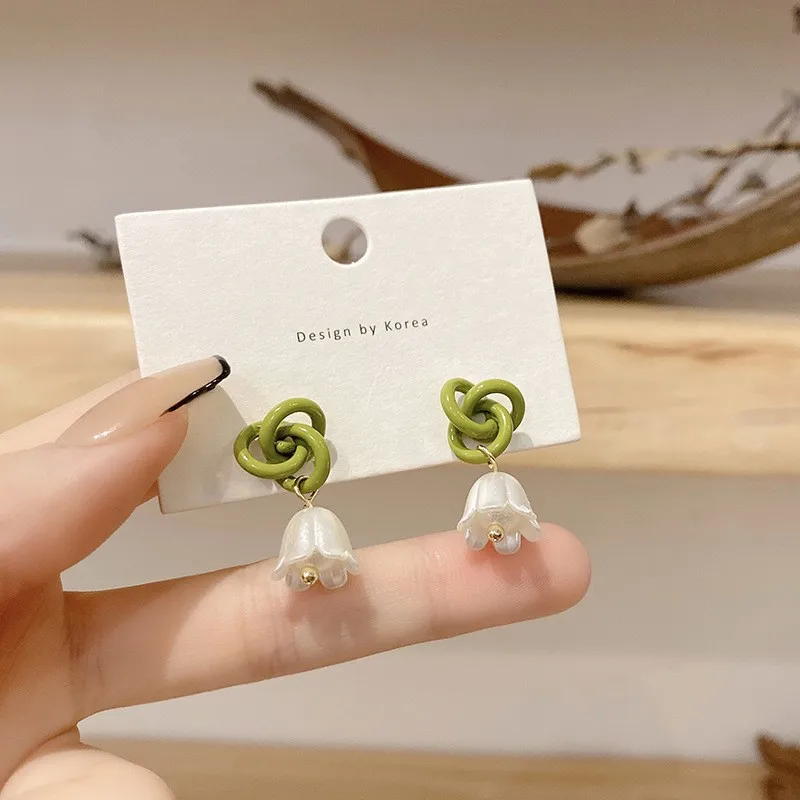 Korean Entangled Green Knotted Lily of the Valley Pendant Earring for Women Ear Jewelry Wholesale Christmas Girl Gift