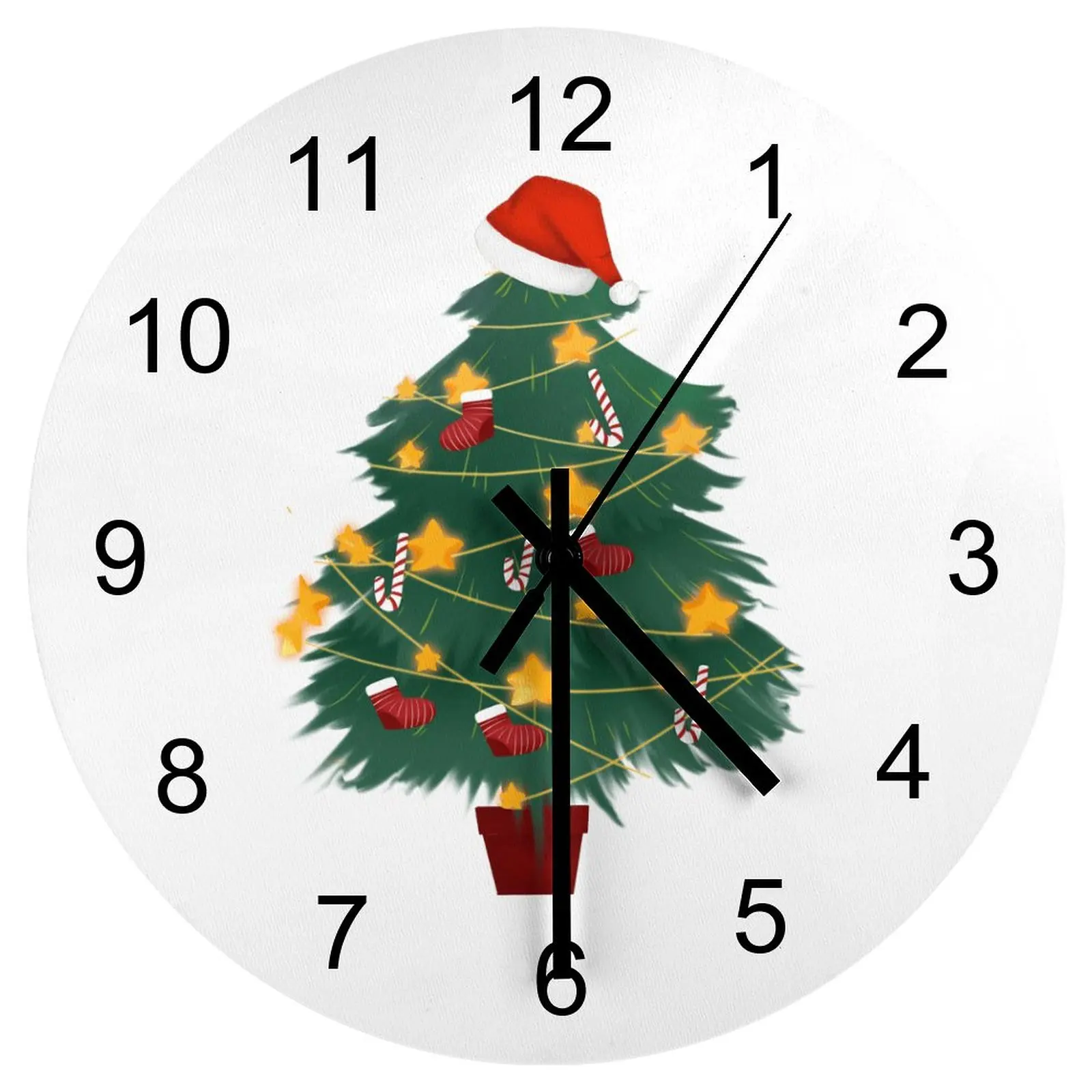 

Study Wall Clock Green Christmas tree Clocks 12 inch Mute Wood Round Multicolor Printed Design Fantasy