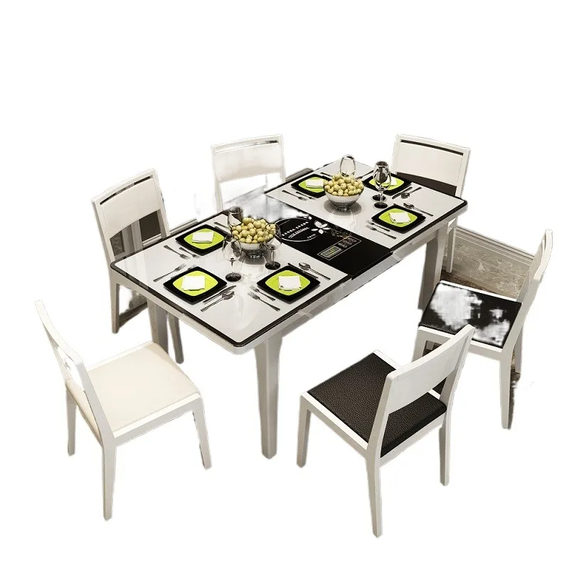 Simple and modern multi-functional small apartment tempered glass retractable induction cooker hot pot dining table