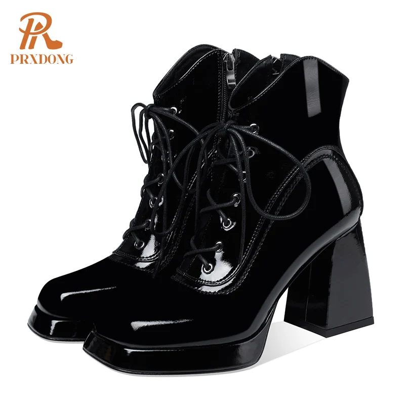 Women\'s Shoes 2022 New Autumn Winter Warm Ankle Boots Genuine Cow Leather Chunky High Heels Platform Black Working Short Boots 8