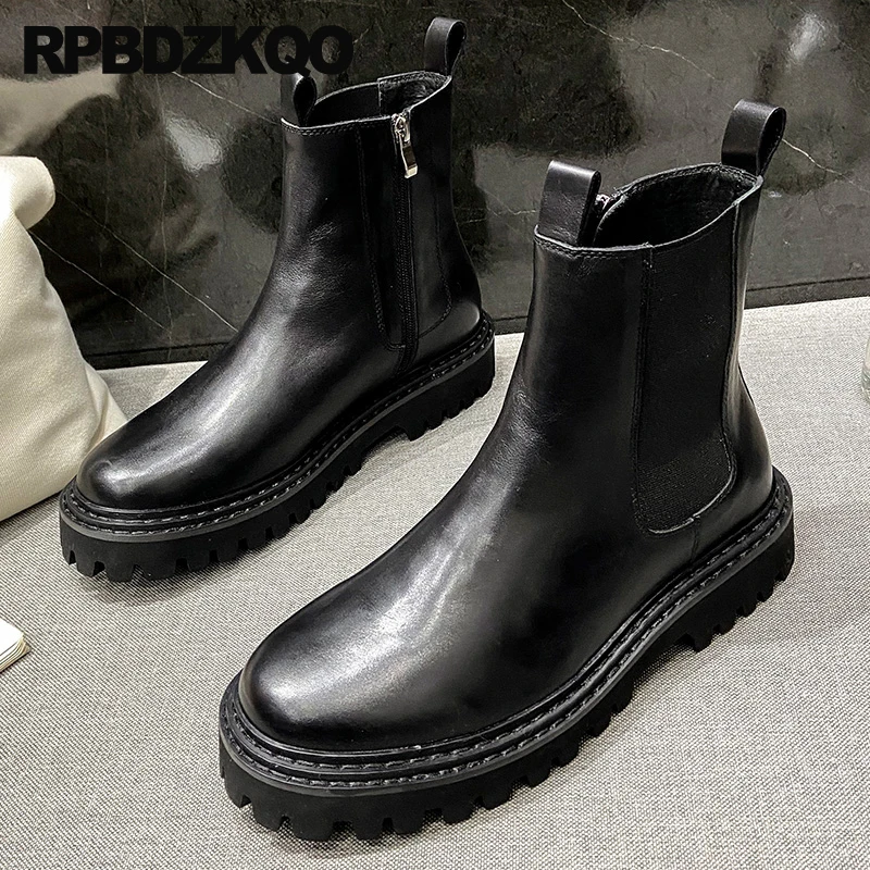 Ankle Durable Winter Short Full Grain Leather Boots Goodyear Welted Chelsea Zip Up Fur Zipper Men Shoes Trending Chunky Platform