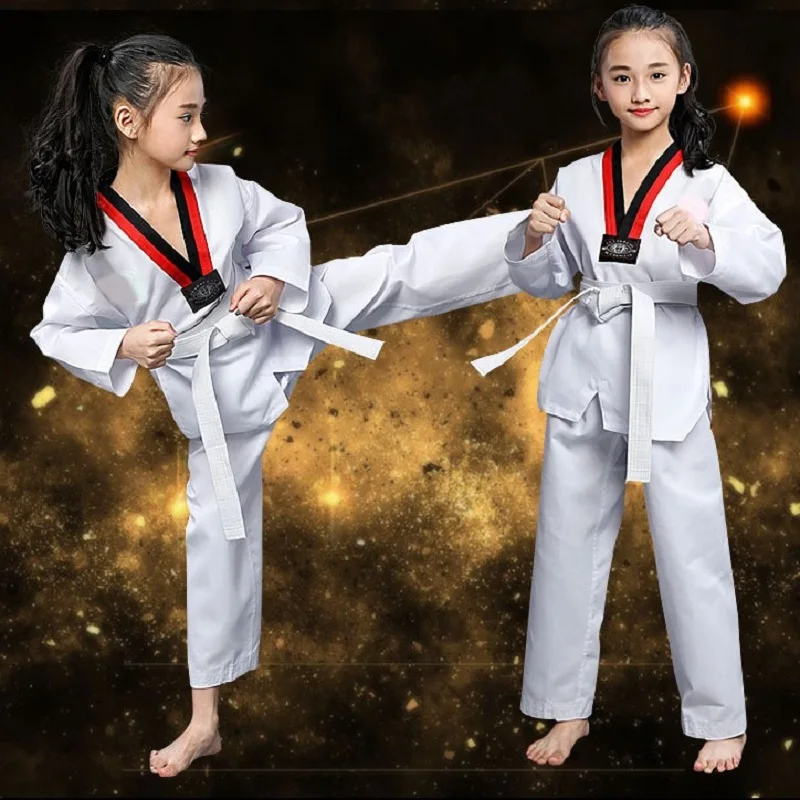 

2023 Unisex TKD Costumes Clothing White Long Sleeve Taekwondo Uniform WTF Karate Judo Dobok Suituit Children Adult Gi Uniforms