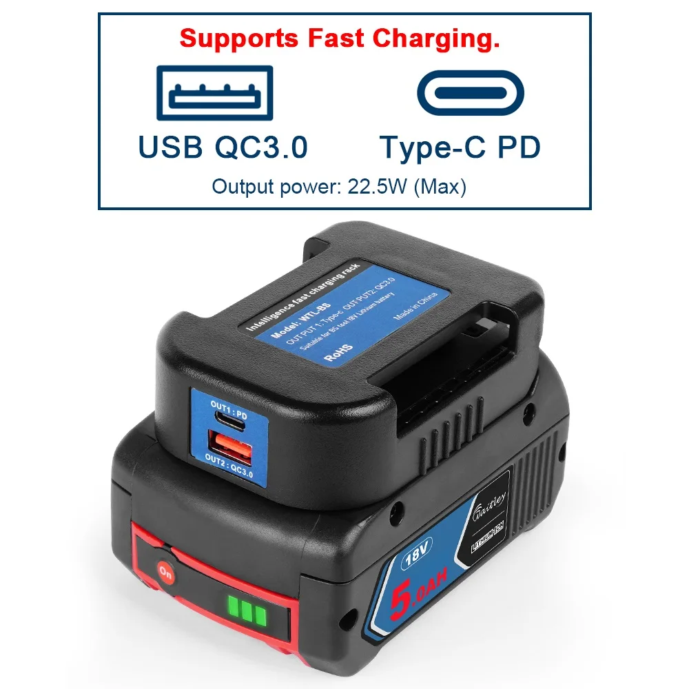 Adapter for BOSCH 18V battery with dual output Convert to power bank fast charging Portable rack batteries converter