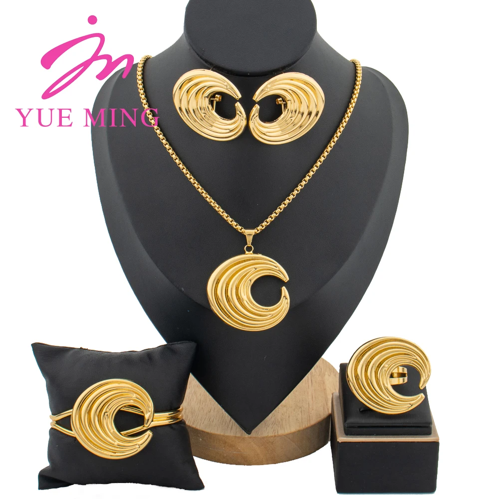 

YM Jewelry Sets Gold Plated Necklace Round Pendant Earrings Fashion Cuff Bangles Ring Fashion Wedding Party Jewelry Accessories