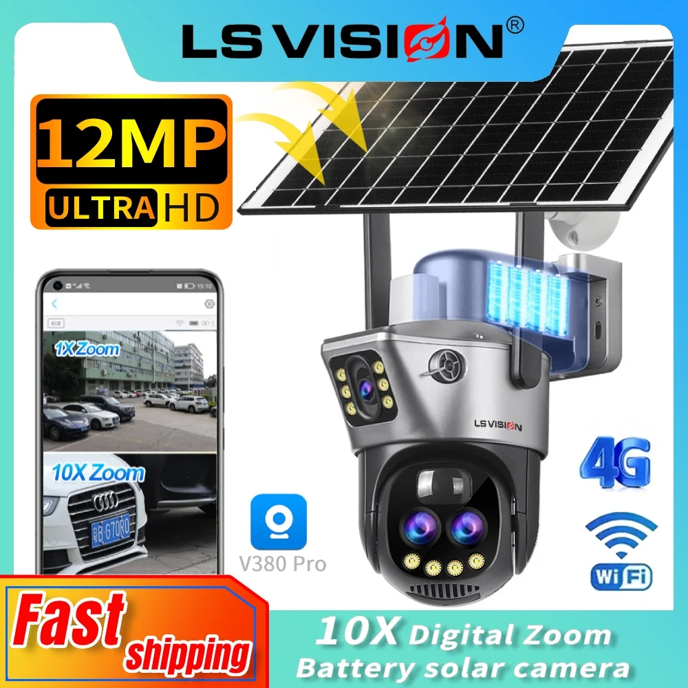 LS VISION 10X Zoom 4G Wifi Cámara solar Vigilancia al aire libre 12MP Tres lentes 360 °   Cámaras de seguridad con detección de movimiento PIR V380 Pro