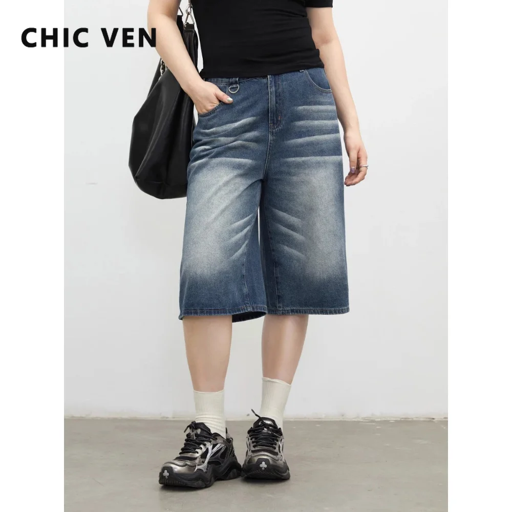 CHIC VEN New Women Denim Shorts Autumn Retro Short Jeans Female High Waist Wide Leg Capri Pants Spring Autumn Clothing 2026