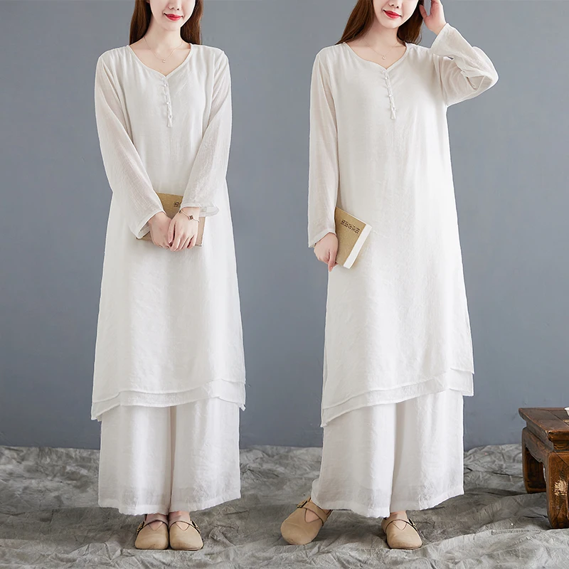 

Белый этнический чайный костюм, женский комплект сладкой феи, аосфера, ретро дзен, традиционная одежда из хлопка, осенняя мода