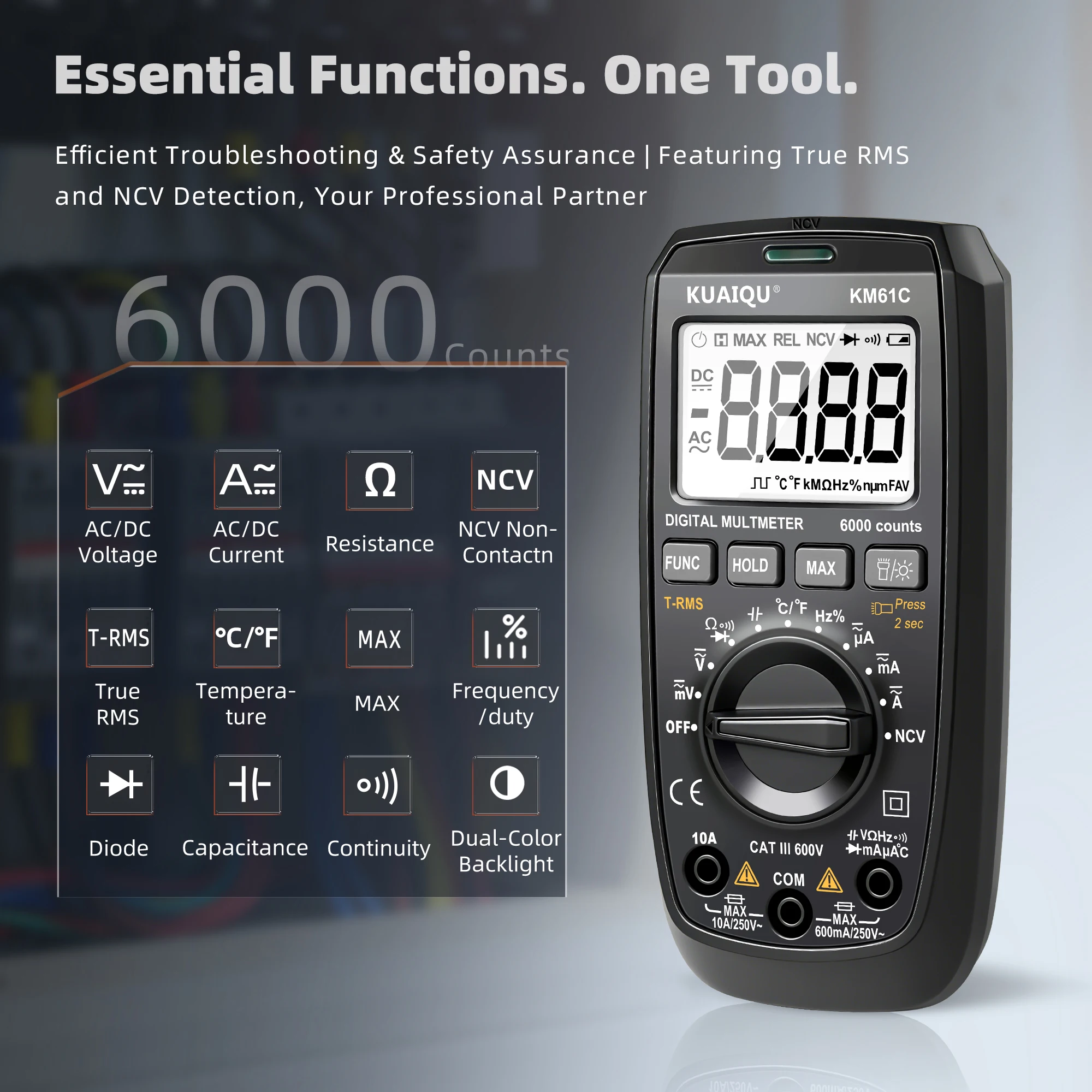 KUAIQU KM61C KM61B Professional Digital Multimeter T-RMS DMM Ohmmeter, Capacitor Meter, Frequency Meter, Diode/Continuity Tester