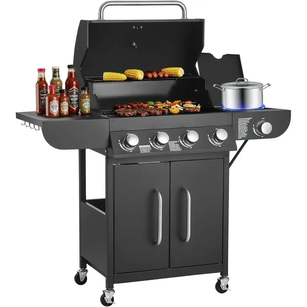 

4-Burner Propane Gas Grill with Side Burner, 425 Sq. In. Cooking Area, Enamel-Coated Grates, Outdoor Patio BBQ Grill with Two Si