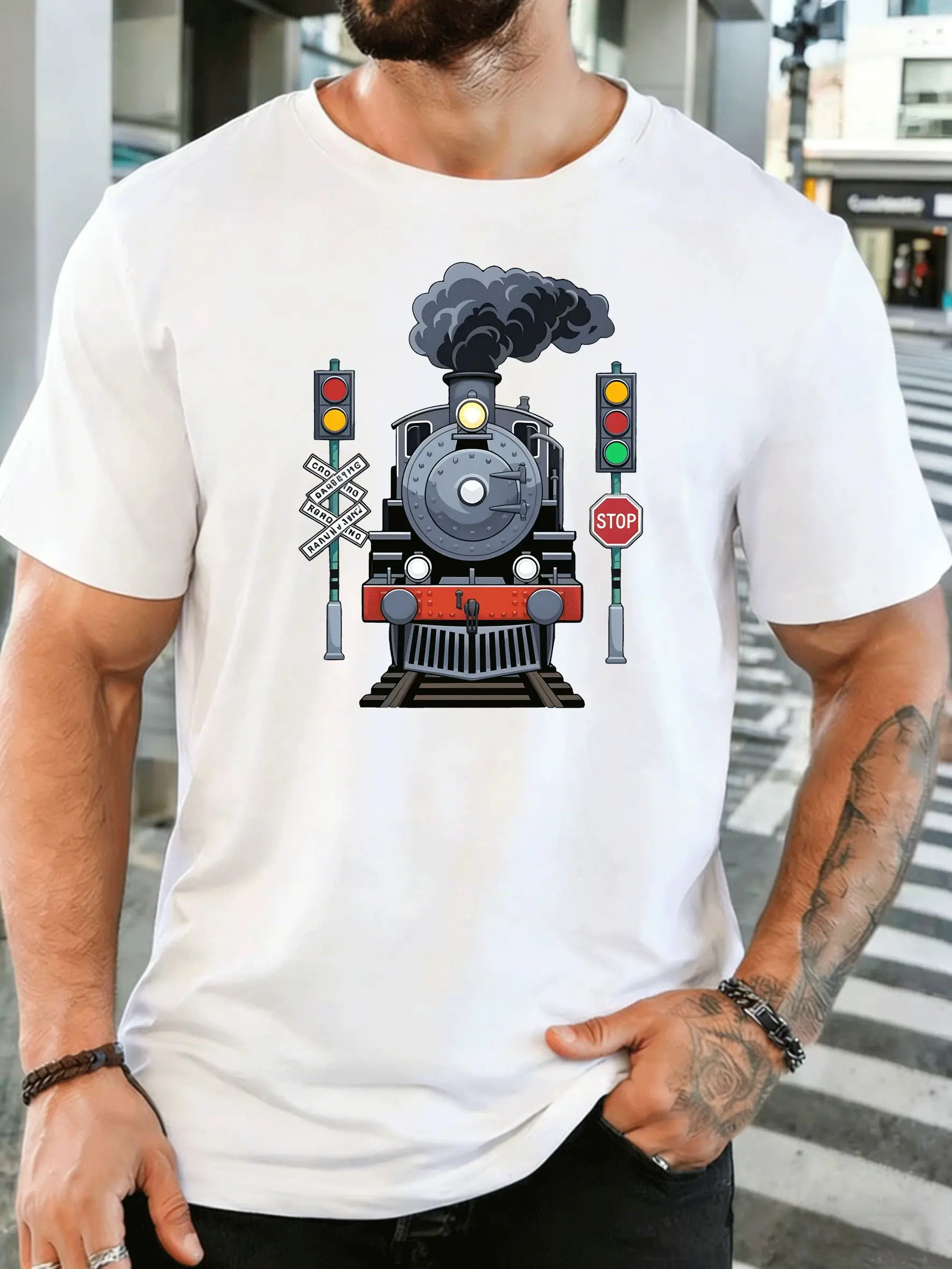 Vintage Steam Train Railroad Crossing Sign Mens Front Print T Shirt Railway Graphic Tee Casual Short Sleeve Top Train Fan Gift