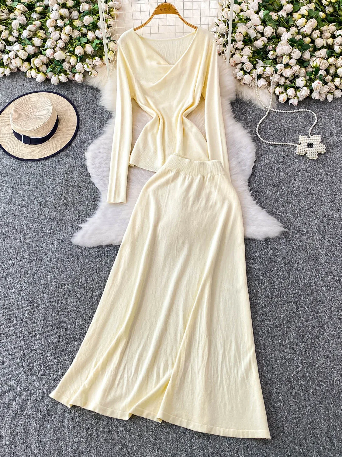 Ele V-Ne Long Sve T-Shirt, hoher Taillenrock, zweiteiliges Set, schlichtes Farboberteil für Herbst und Winter