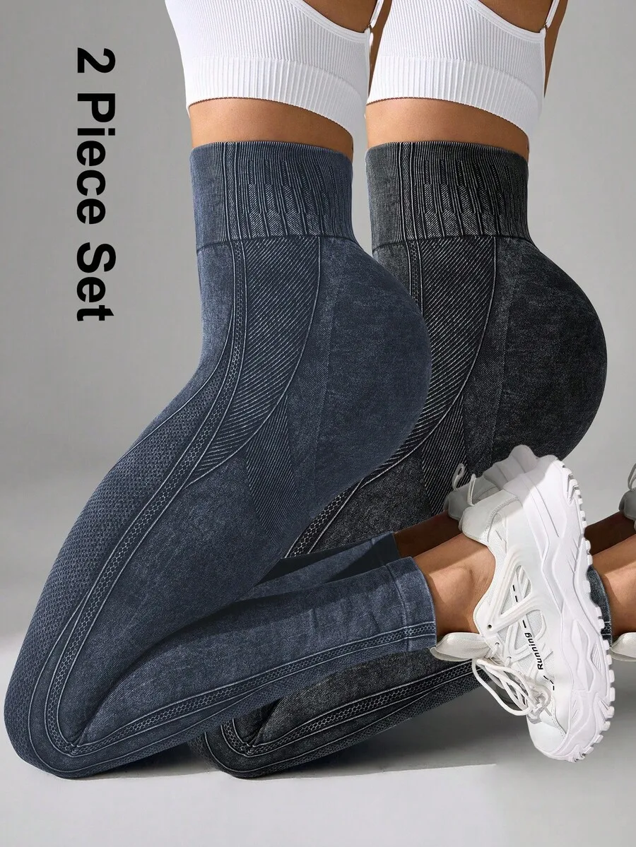 

Women High Waist Solid Color Fitness Leggings With Ribbed Texture