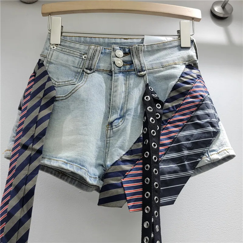 WTHT New Trendy Women Spliced Irregular Striped Ribbon Denim Shorts 2024 Spring High Waist Wide Leg Short Pants Female 1LS947