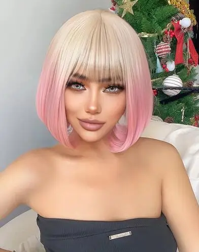 12Inch Blond Gradient Pink Color Synthetic Wigs With Bang Short Natural Straight Hair Wig For Women Cosplay Party Heat Resistant