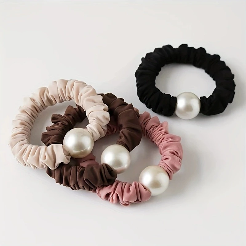 2pcs/set Pearl Skinny Scrunchies Hair Tie Elastic Hair Band Solid Color Soft Fabric Rubber Bands Women Hair Accessories