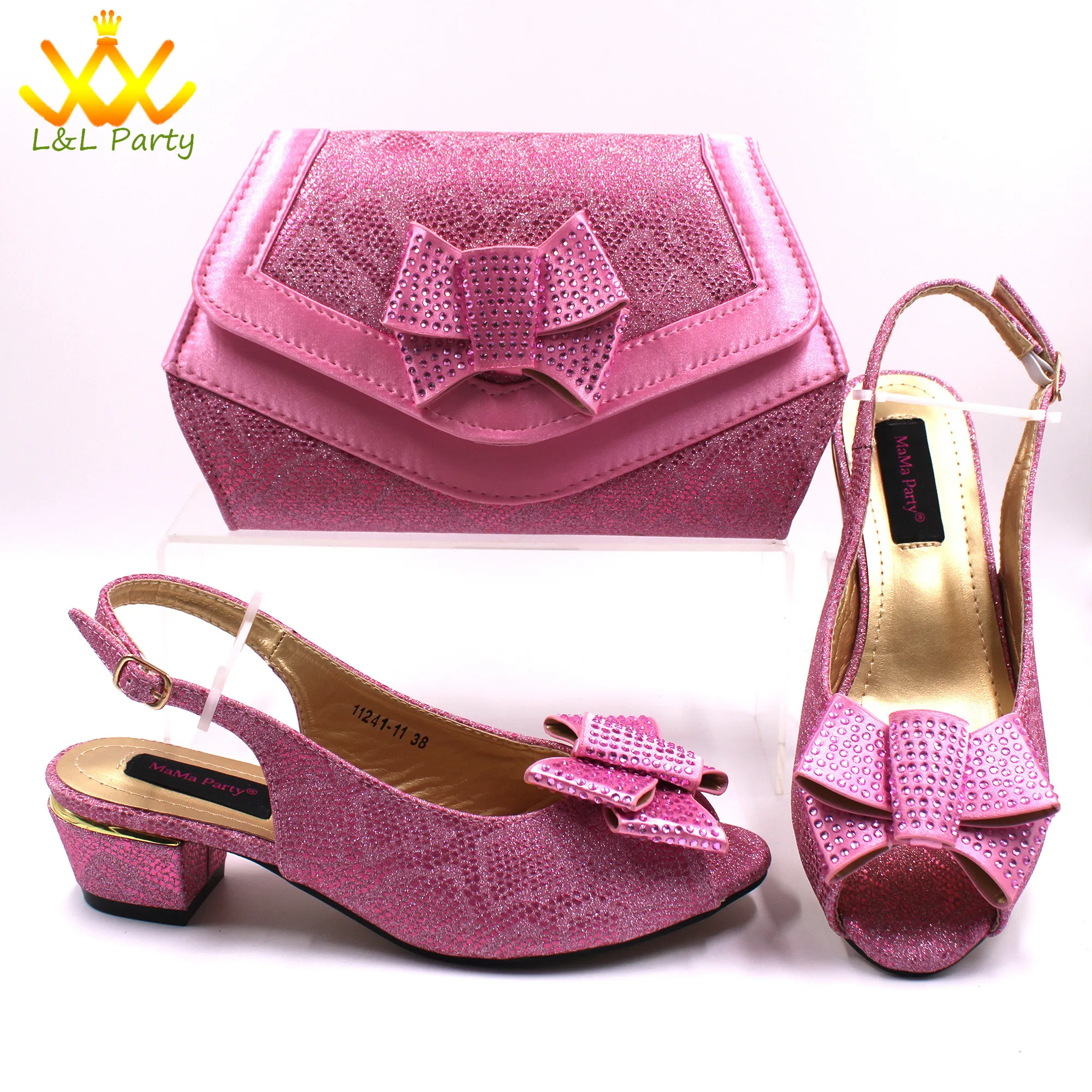 Pink New Arrivals Nigerian Women Shoes and Bag Set Italian Design Low Heels with Crystal Peep Toe Sandals for Party