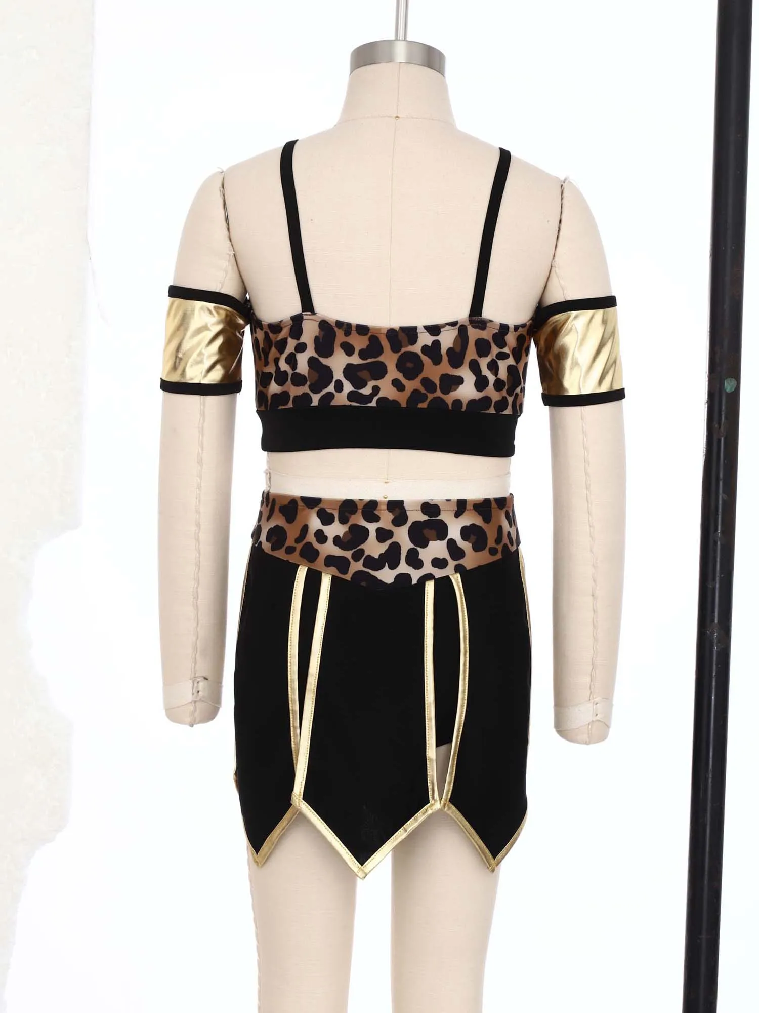 Kostium Karnawałowy Halloween dla Dużych Dziewcząt: Przedstawicielka Jaskini, Dzikorobinek, Cosplay, Top na Ramiączkach w Leopardi Wzór z Rozcięciami i Spódnicą