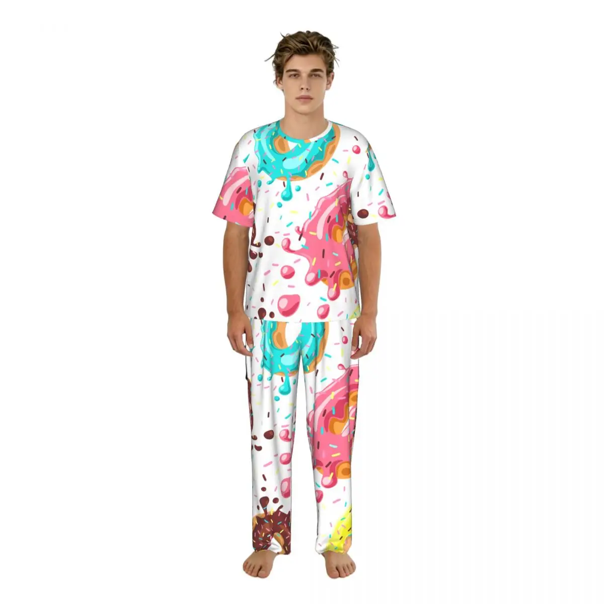 

Men Pajamas Set Donuts With Pink Chocolate Lemon Blue Mint Glaze Short Sleeve Spring Summer Lounge Sleepwear Male Nightwear