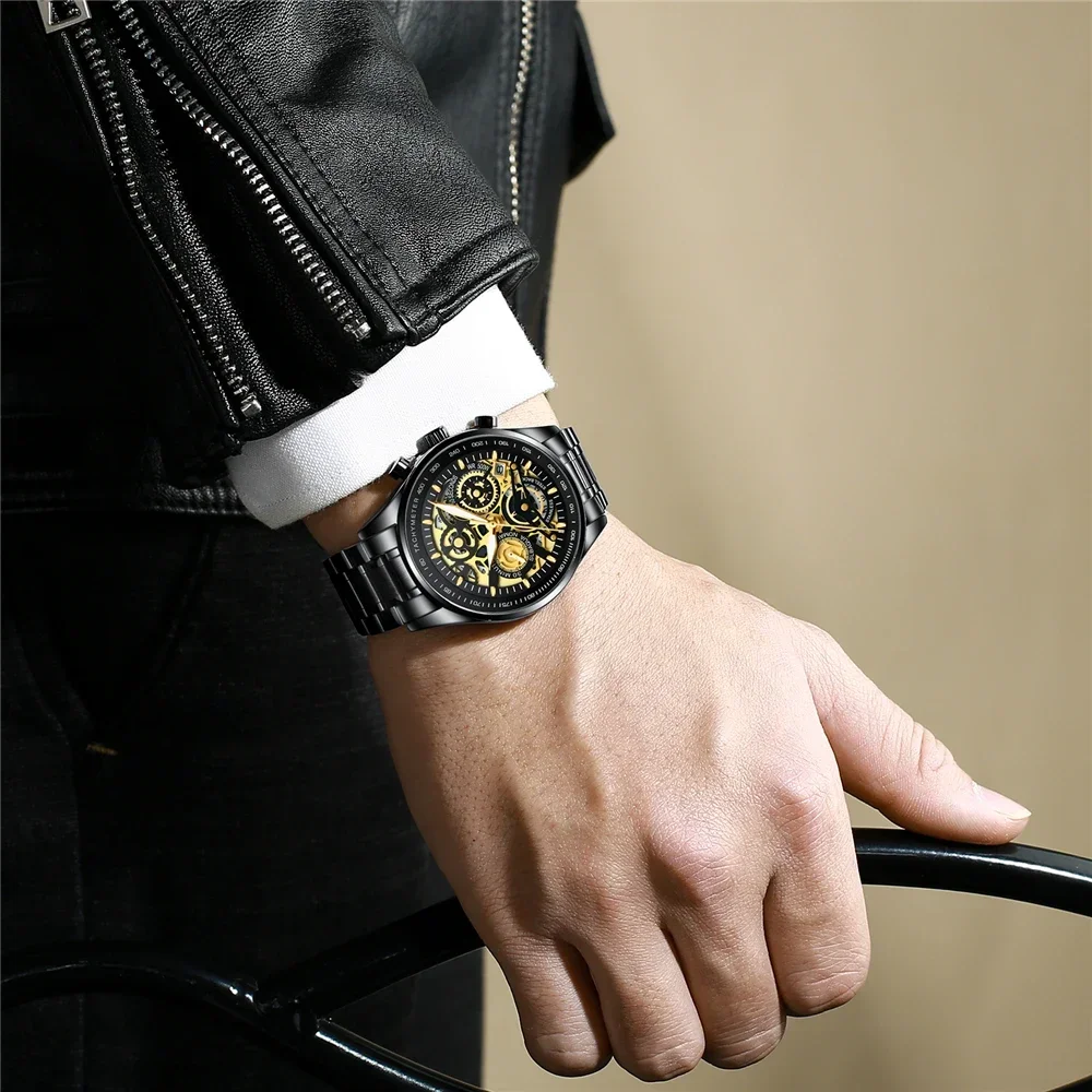 NIBOSI الرجال الهيكل العظمي الساعات الفولاذ المقاوم للصدأ التناظرية كوارتز ساعة رجالية متعددة كرونوغراف ساعة مقاوم للماء ساعة معصم للرجال