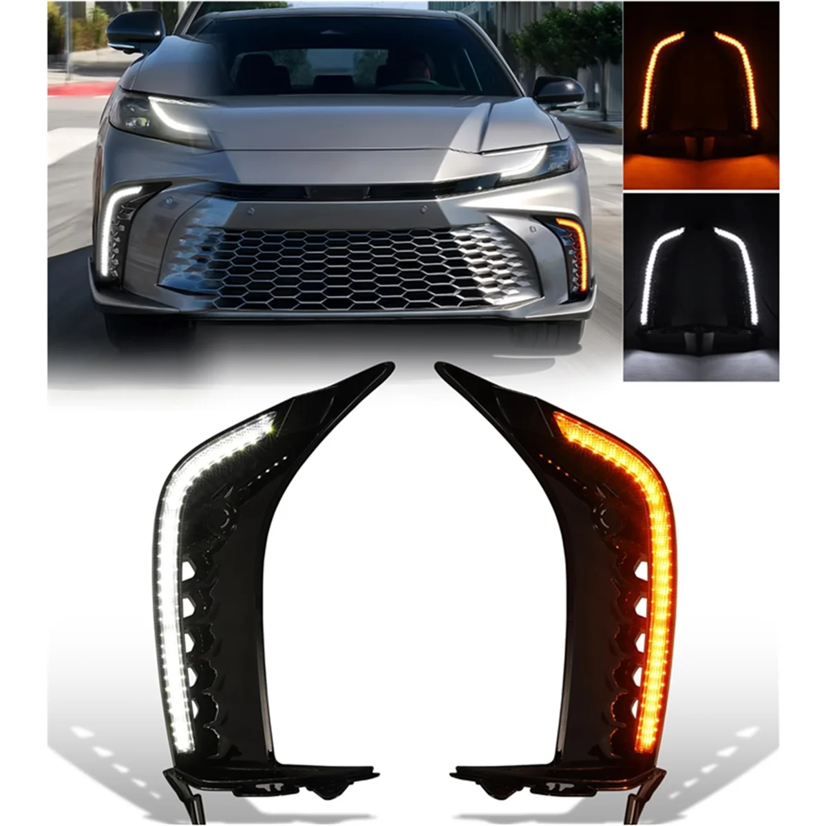 トヨタ カムリ SE XSE 2025用 クラシックフロントバンパーフォグランプ DRLホワイトデイタイムランニングライト アンバーターンシグナルランプアクセサリー