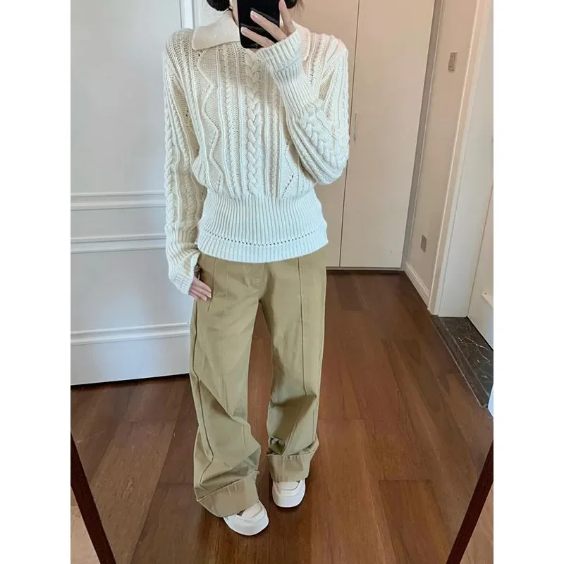 

Women Clothing Autumn Winter Fashion All-match Screw Thread Knitting Female Solid Color Solid Color Turn-down Collar Pullovers