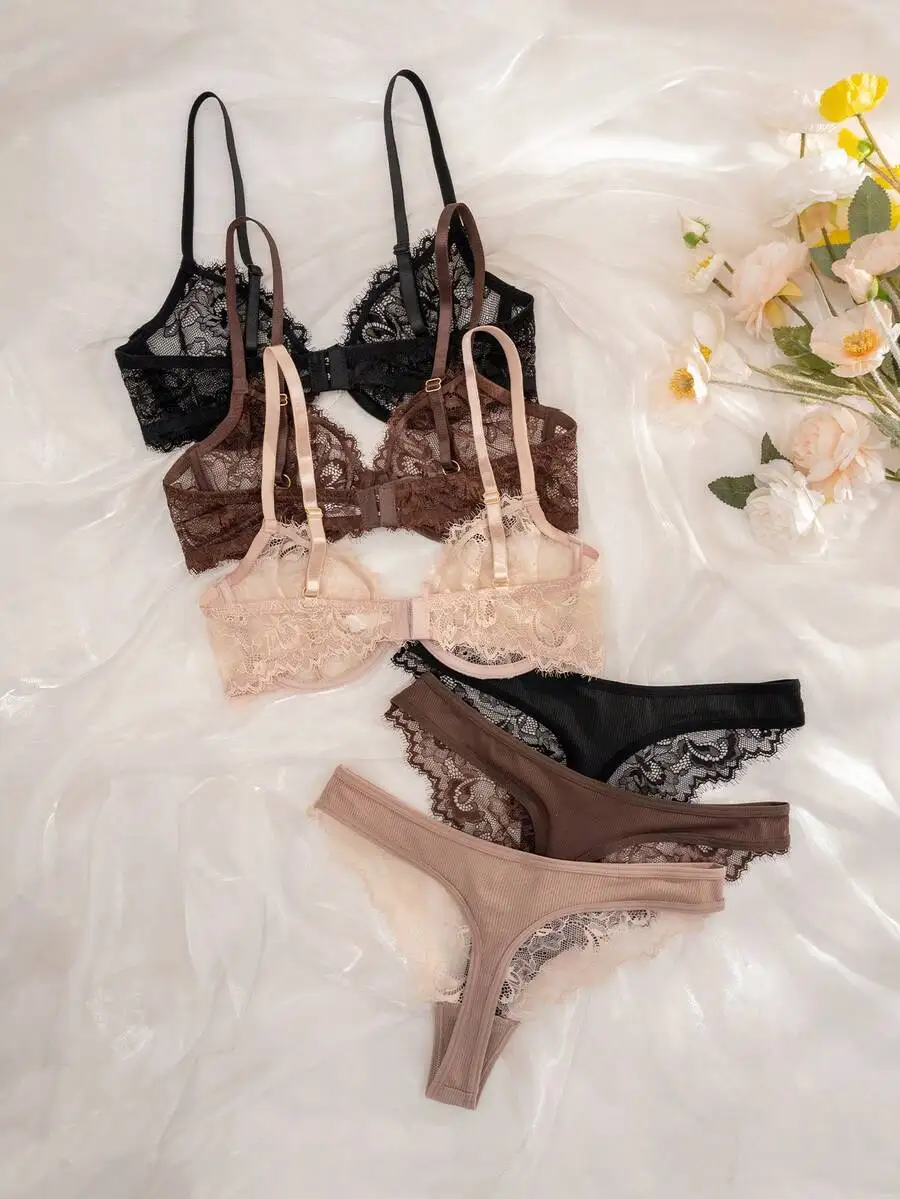 

6pcs Women Lace Underwire Soft Cup Bra And Panty Set