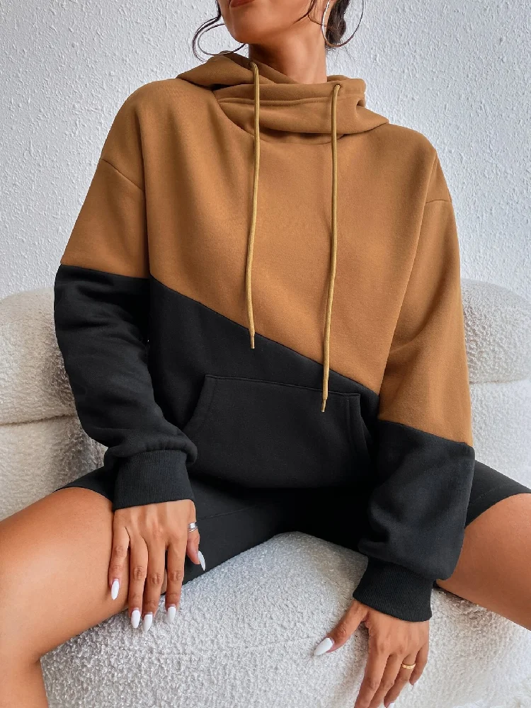 Fashion Color‑blocked Design Women Fleece‑lined Hoodie 2026 Spring Autumn Street Style Loose Long Sleeve Hooded Sweatshirt