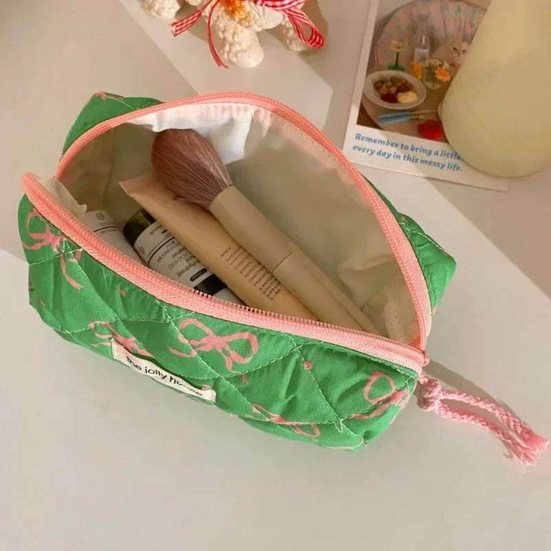 1PCS Green Pink Contrast Bow Cosmetic Bag Small Large Capacity Travel Wash Storage Makeup Bag Portable Student Brush Pencil case