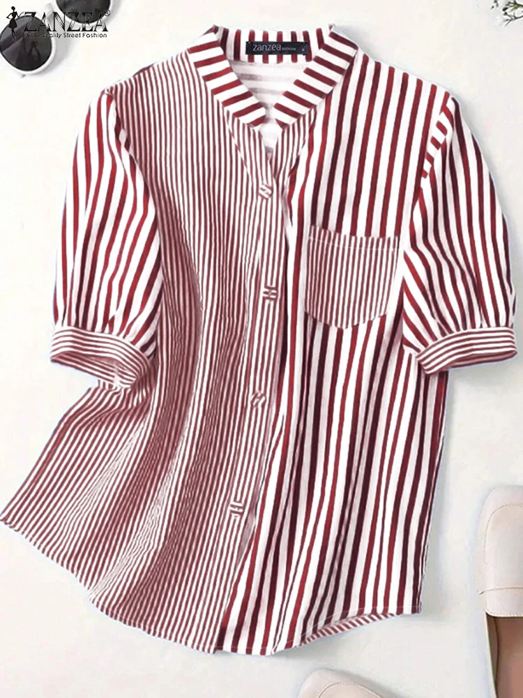 بلوزة نسائية صيفية للعمل OL 2025 قميص مخطط للمكتب من ZANZEA قمصان عصرية بأكمام قصيرة وأزرار وياقة ثابتة بلوزات نسائية