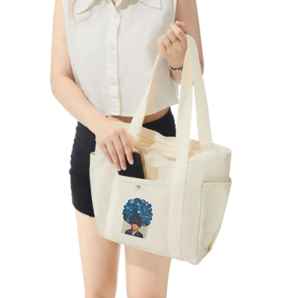 حقيبة يد بتصميم فني مرصعة بالنجوم من فان جوخ، حقيبة يد بسيطة من القماش للتنقل اليومي