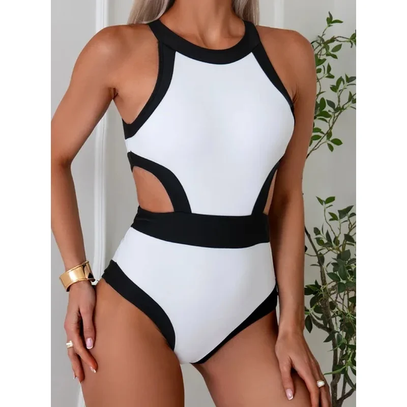 

2024 Cut Out One Piece Swimsuit Women Swimwear Sports Monokini Bodysuit White Swim Suit Bathing Suit High Waist Beachwear Summer