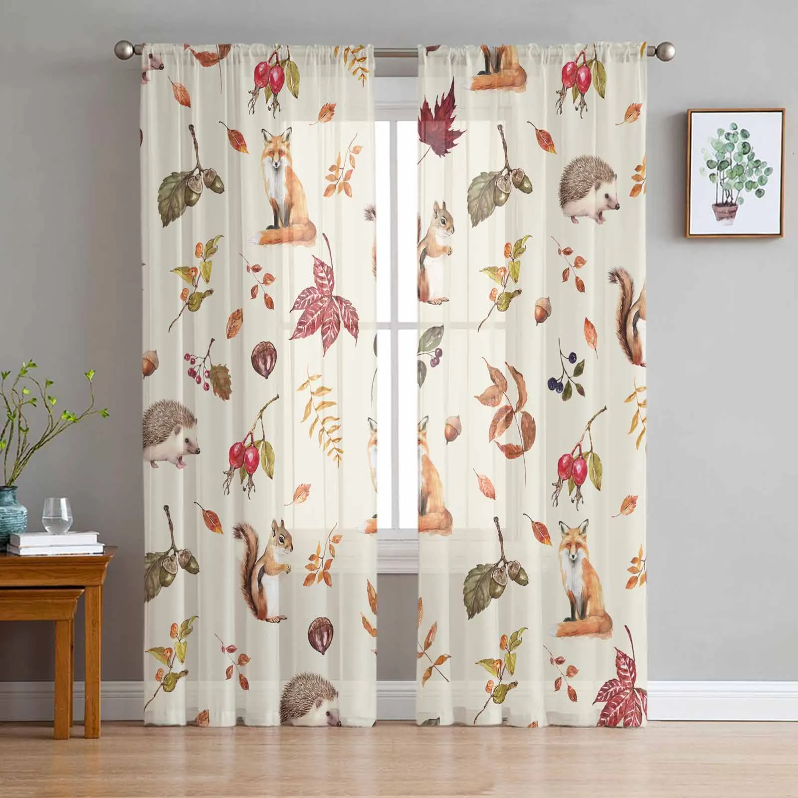 

Thanksgiving Autumn Plants Squirrel Fox Hedgehog Sheer Curtain Living Room Drapes Home Voile Curtain Tulle Window Curtain