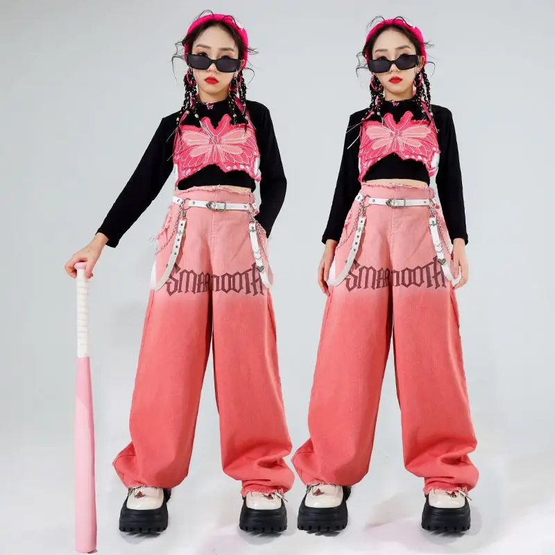 Jazz Modern Dance Costumes For Girls Loose Vest Jeans Outfits Streetwear Hip Hop Dance Performance Clothes