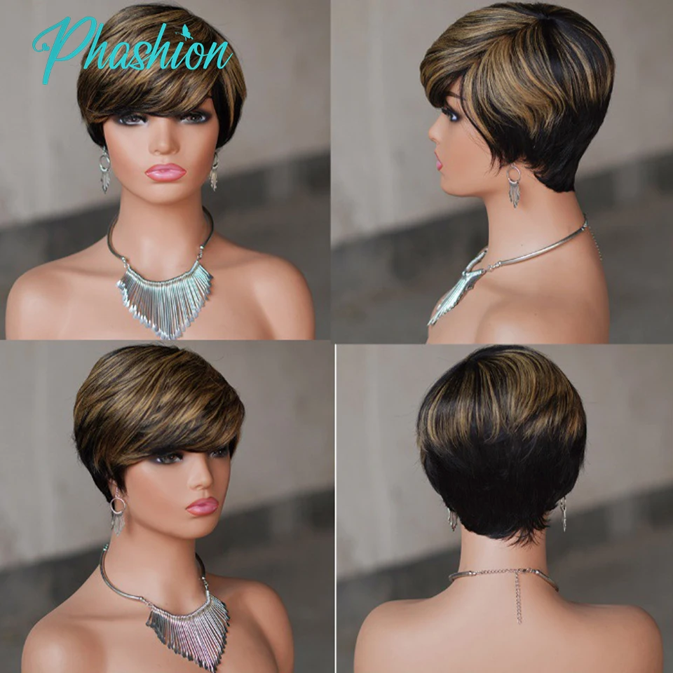 Phashion Colored T1B/27/30/99J Pixie Cut Human Hair Wigs With Bangs Short Straight Wig Brazilian Remy Cheap Machine Made On Sale