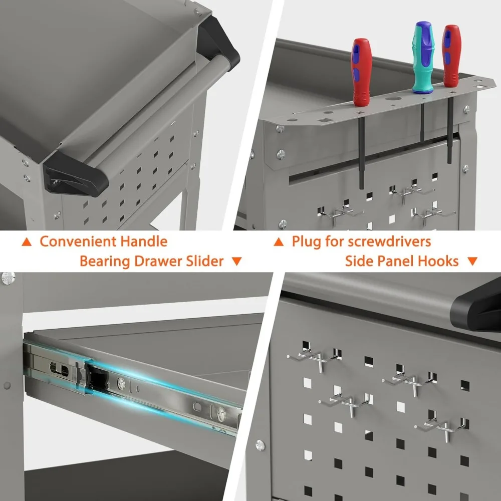 Zwaar uitgevoerde gereedschapswagen met 3 niveaus op wielen, rollende gereedschapswagen op wielen met lade, 350 lbs laadvermogen servicekaart voor waren