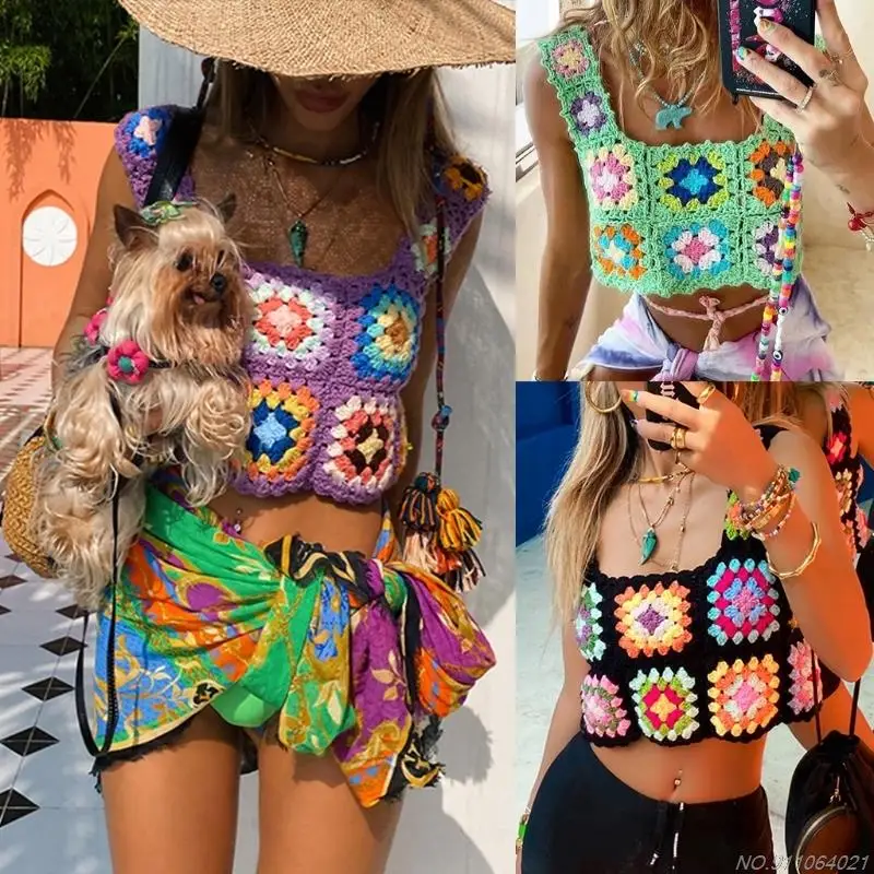 Women Summer Crochet Top Multicolor Floral Plaid Knit Vest Sexy Square Neck Sleeveless Cropped Shirts Wholesales