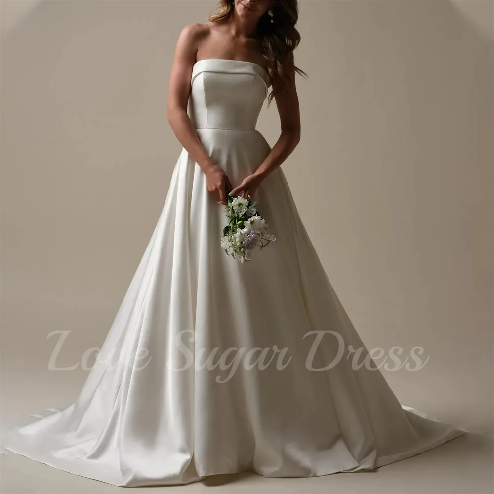 Elegante Cetim A Linha Vestido De Noiva Simples Strapless Vestidos De Noiva Para Casamento Longo Plissado Vestidos De Noiva Customsized Plus