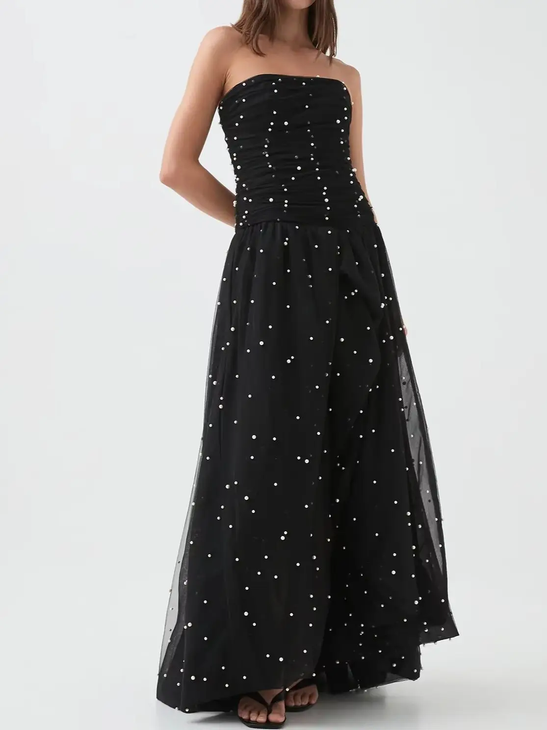 

2-Colors Women Pearl Decoration Robe High Waist Strapless Sleeveless Elegant Ladies Maxi Dress