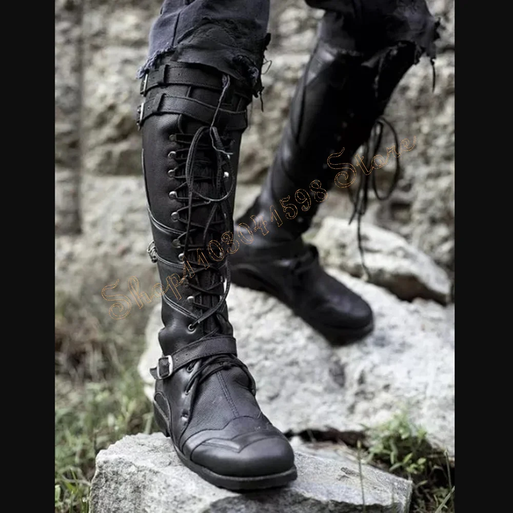 Black Lace up Buckle Decor Boots Side Zipper Heels Knee High Matte Leather Shoes for Women Heels 2024 New Zapatos Para Mujere
