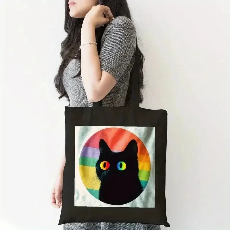 

Bolso de hombro con bonito gatito de dibujos animados para mujer bolso de compras bolso negro reutilizable de gran capacidad