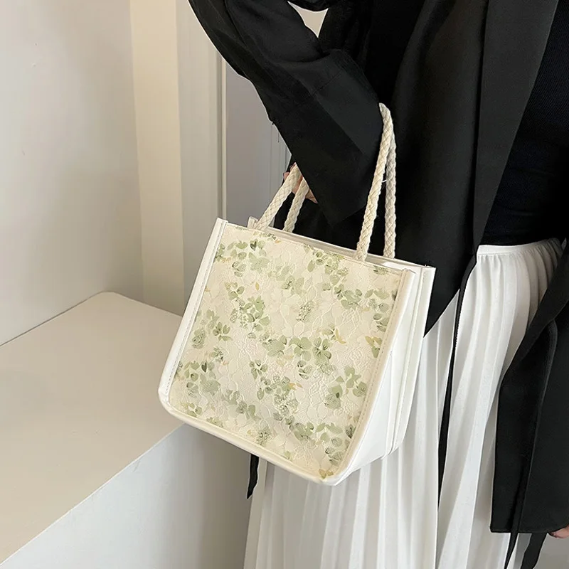 Japanese New Fashion Flower Canvas Tote Bag Women Ins Sweet Top-Handle Bento Bags Student Casual Textbook Handbag